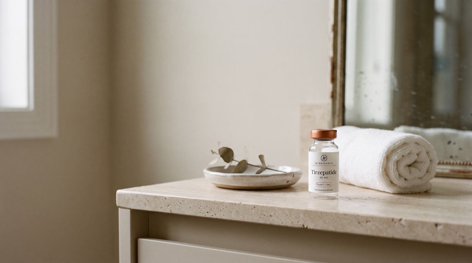 A JP Research vial on a vanity shelf in soft morning light