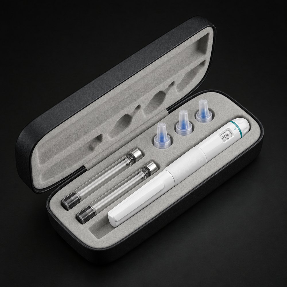 JP Research Pen Starter Kit: disposable pen, two cartridges and pen needles in the black hard case