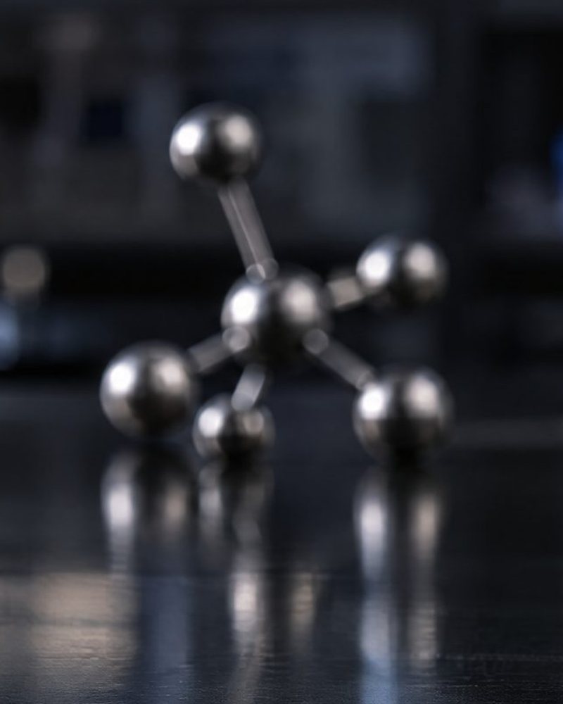 A steel ball-and-stick molecule model on a dark reflective bench, softly out of focus.